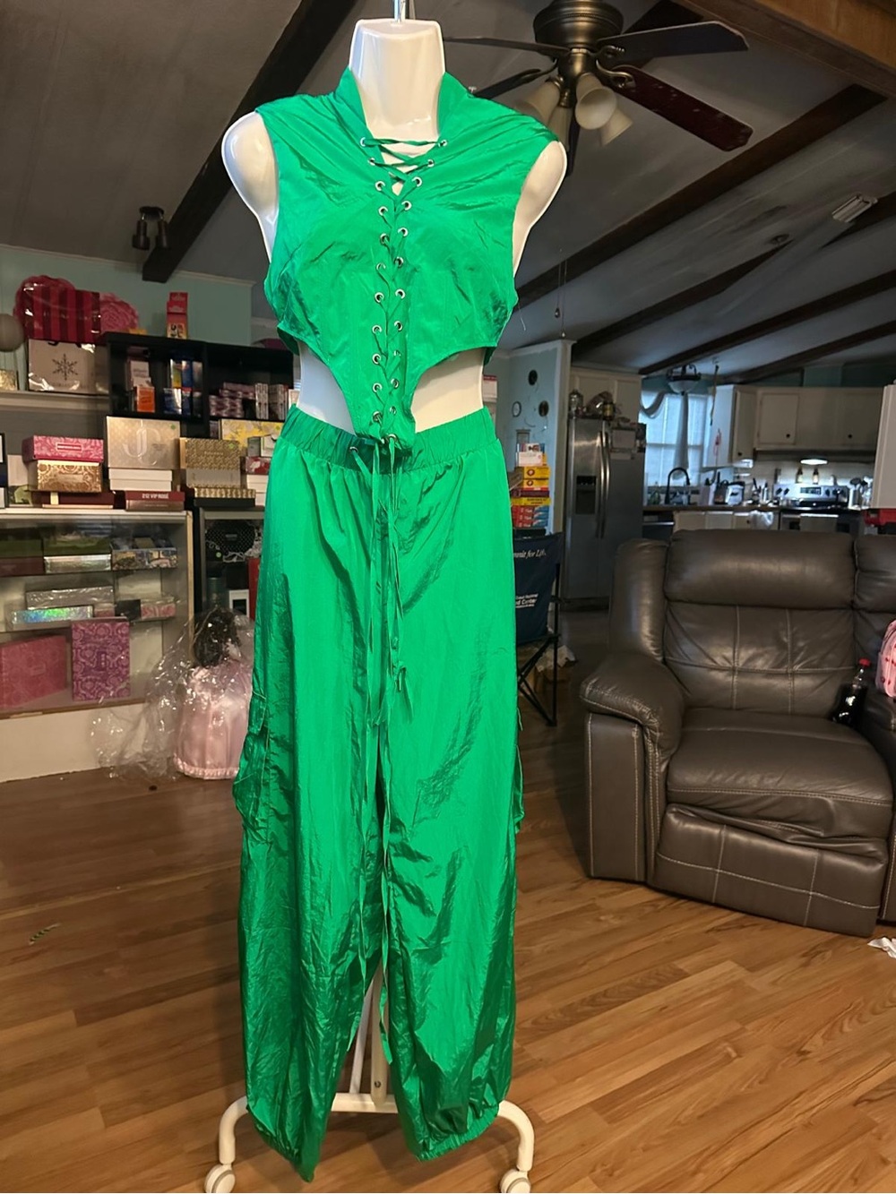Lace-Up Cutout Sleeveless Jumpsuit in Emerald Green